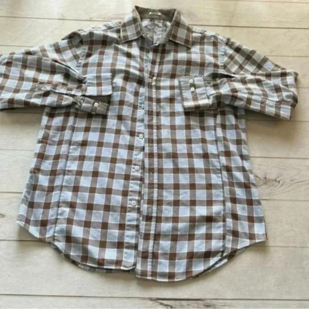 Bugatchi Mens Large Long Sleeve Shaped Fit Embroidered Logo Brown Plaid …